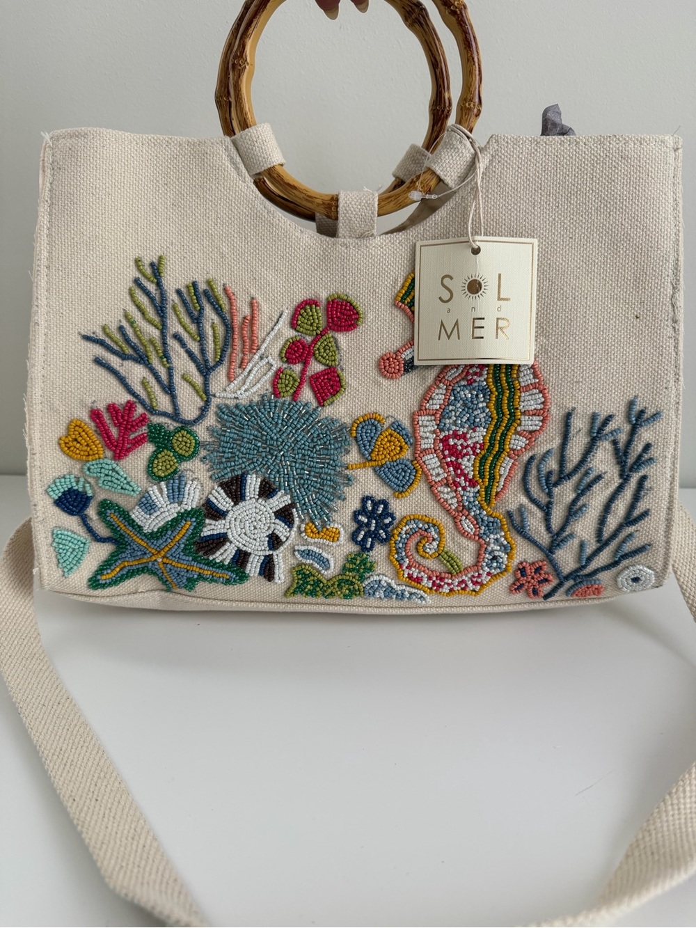 Embroidered Seagrass Canvas Tote in Natural